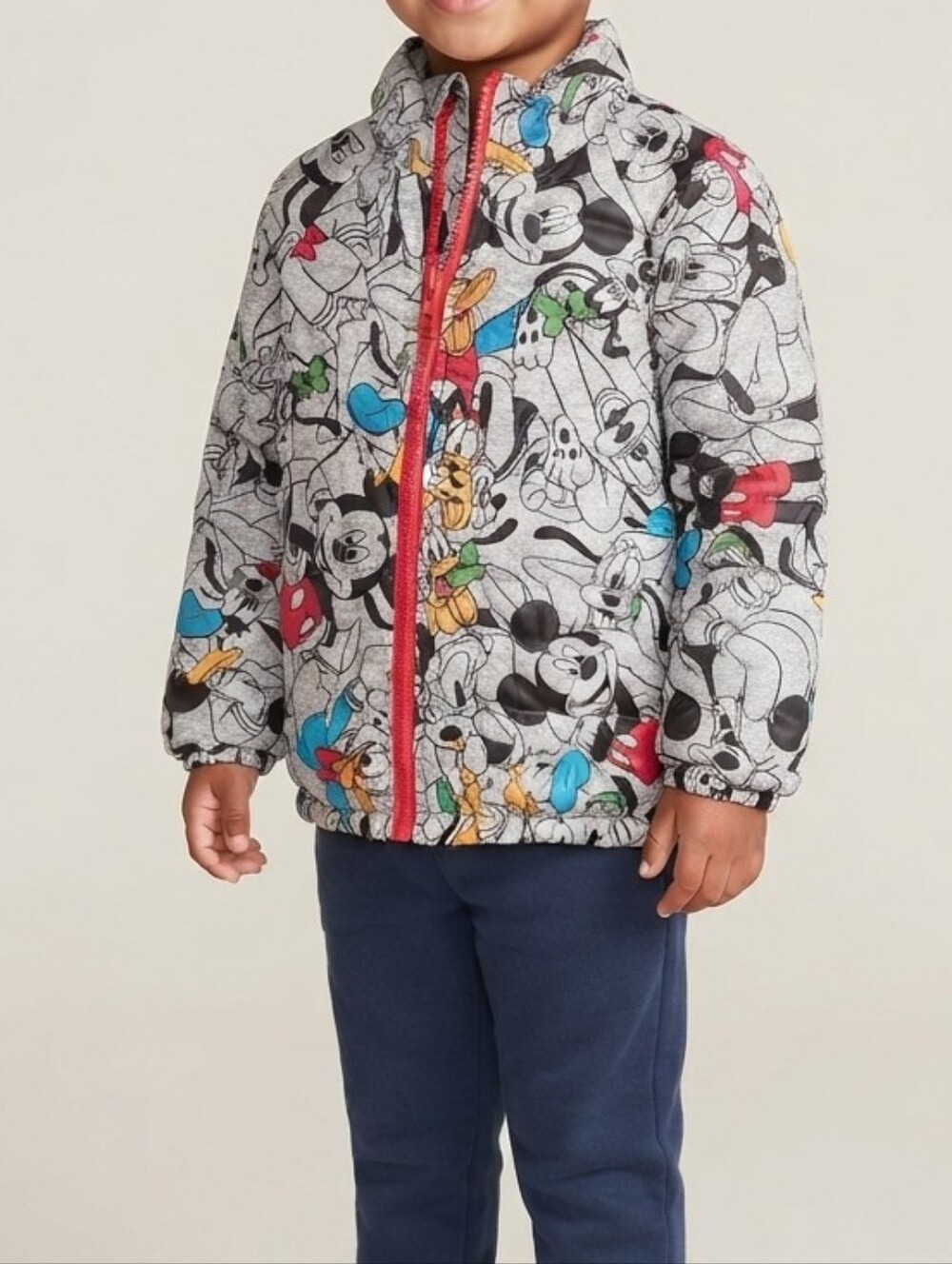 Kids Mickey Mouse Grey Puffer Jacket with Red Trim Size 4.